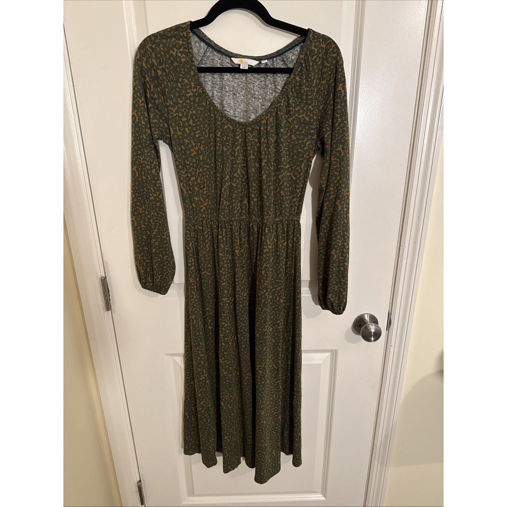 Boden Dress Womens 2 Green Floral Fit Flare Scoop Neck 3/4 Sleeve Jersey Midi